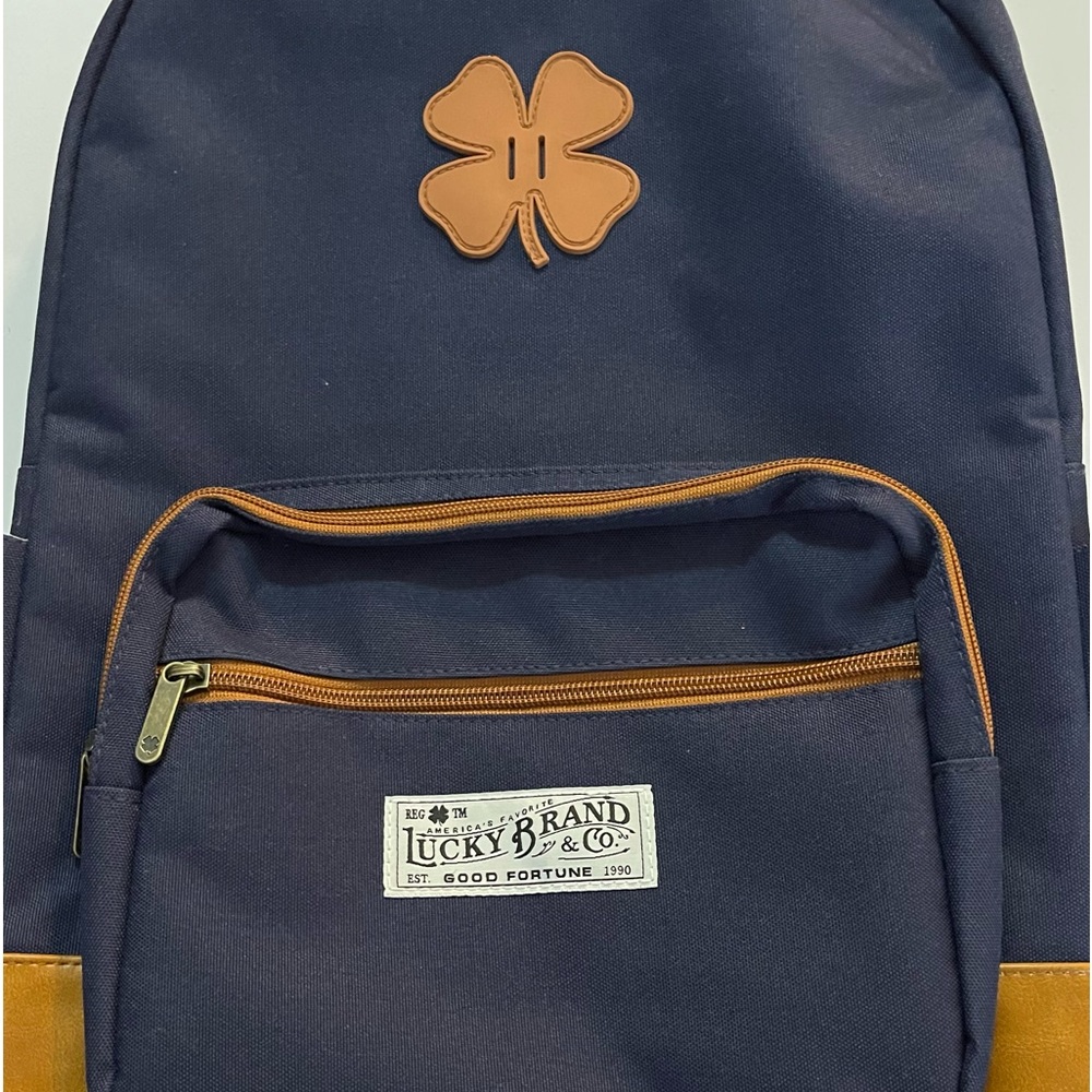 Lucky Brand Leather Backpack New Black Tan Good Fortune 12x18x5.5".